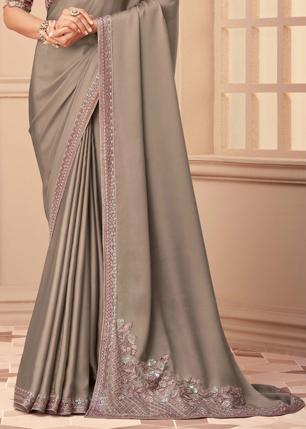 Quicksand Grey Georgette Designer Saree with Embroidered Blouse