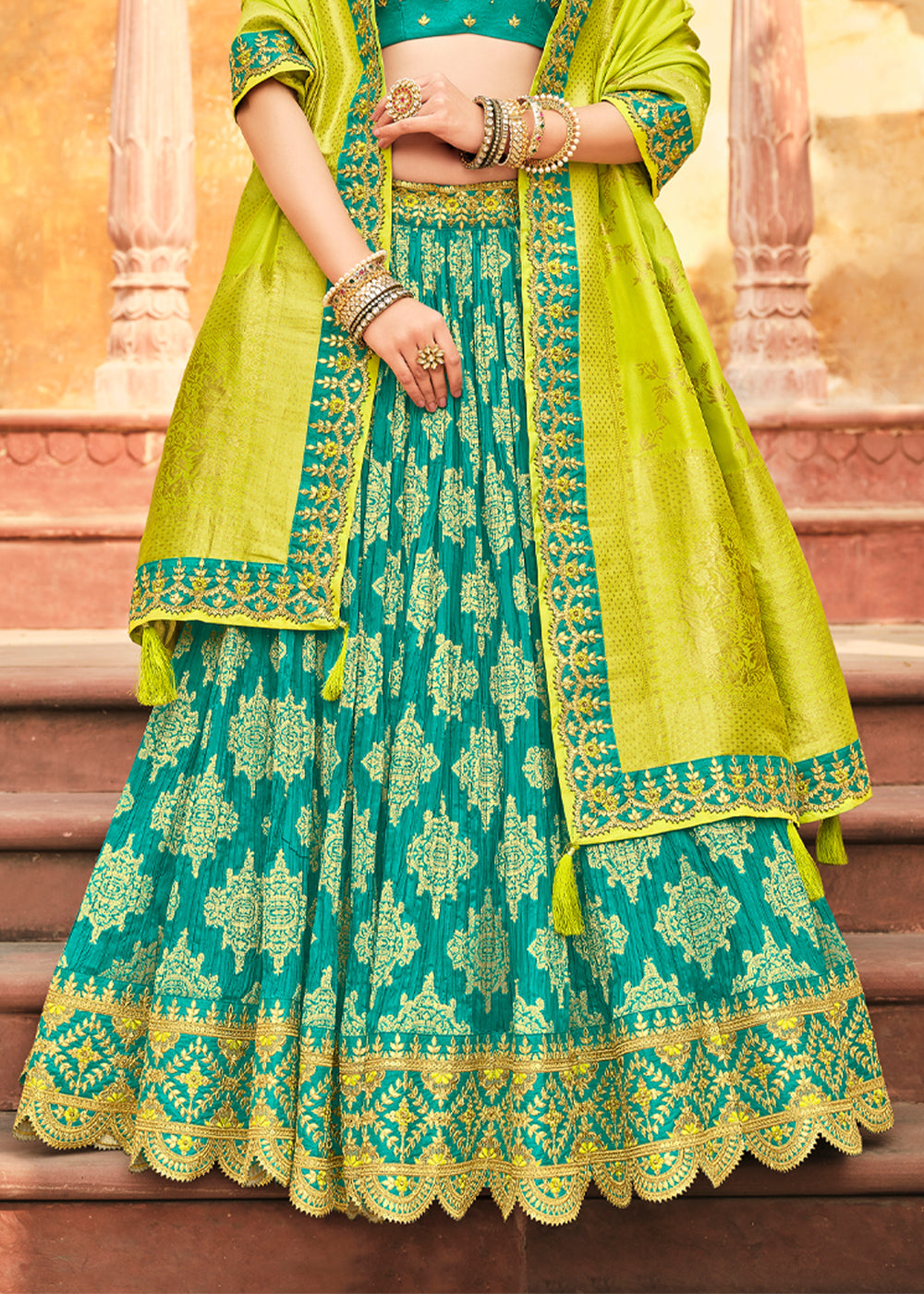 Silver Tree Green and Yellow Heavy Embroidered Lehenga