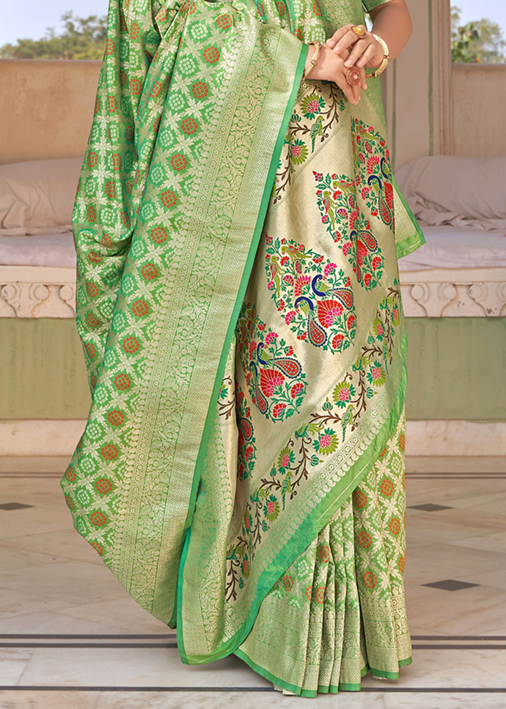 Silver Tree Green Zari Woven Banarasi Brocade Saree