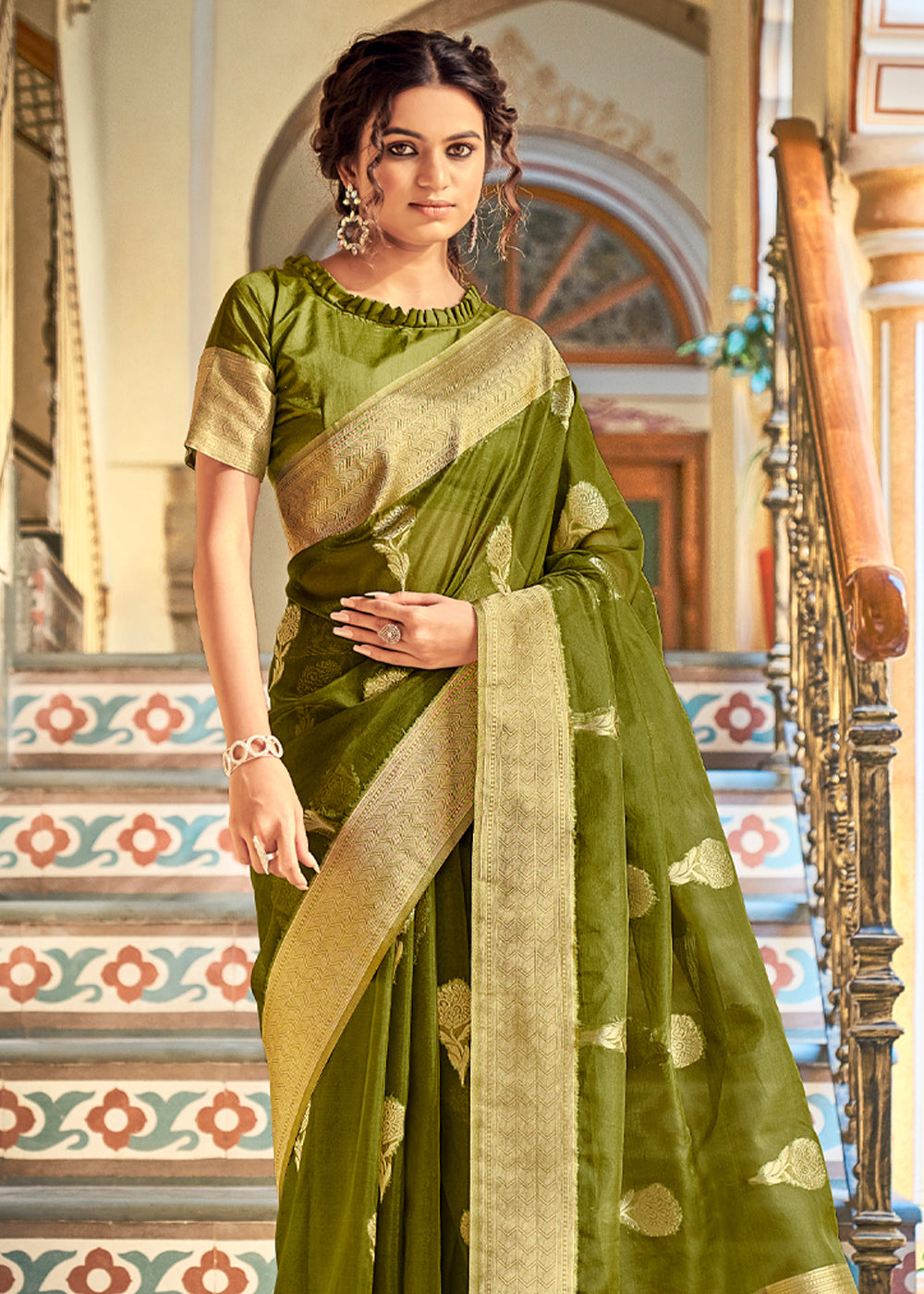 Mustard Green Zari Woven Banarasi Organza Saree