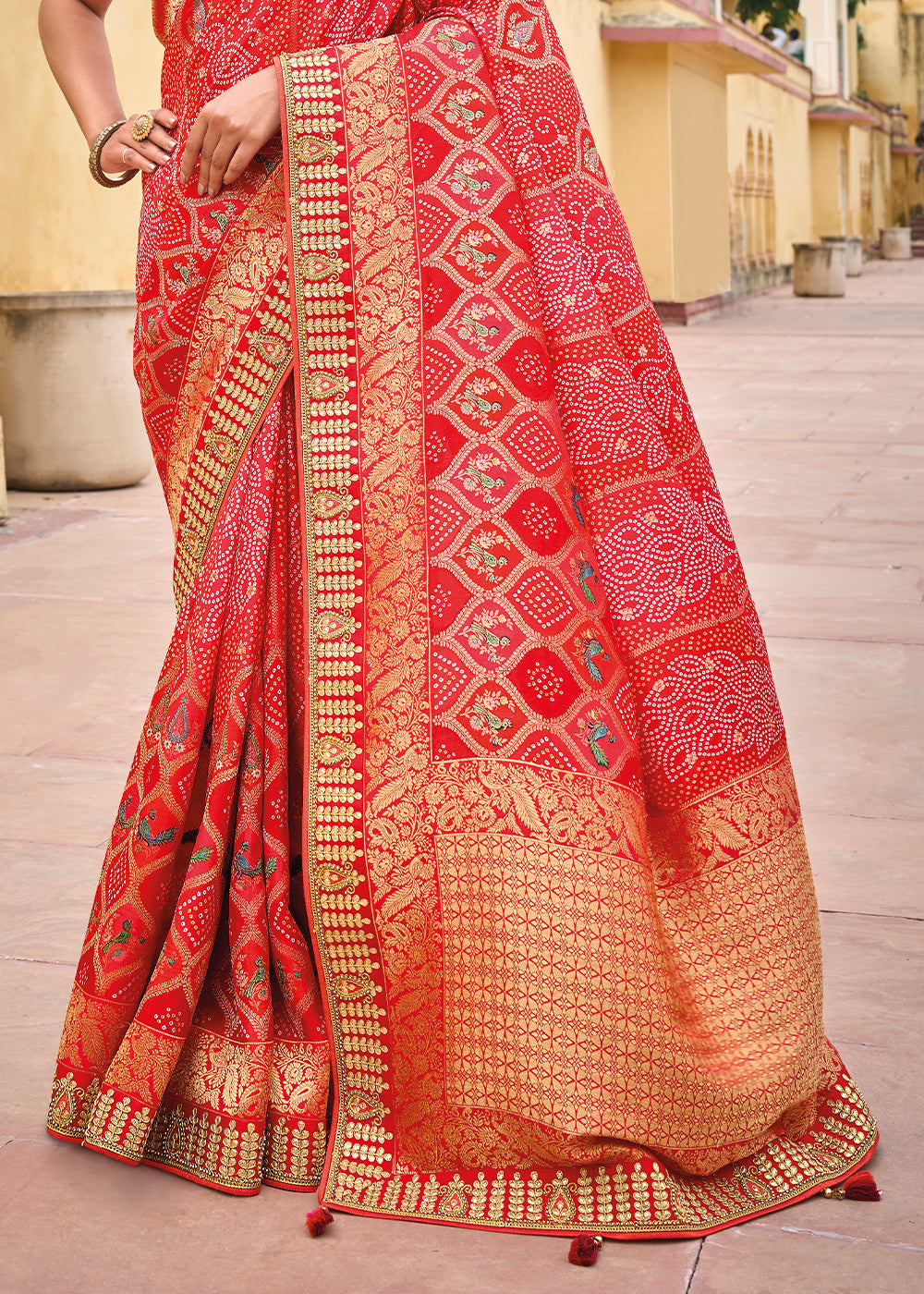 Mandy Red Embroidered Dola Silk Saree