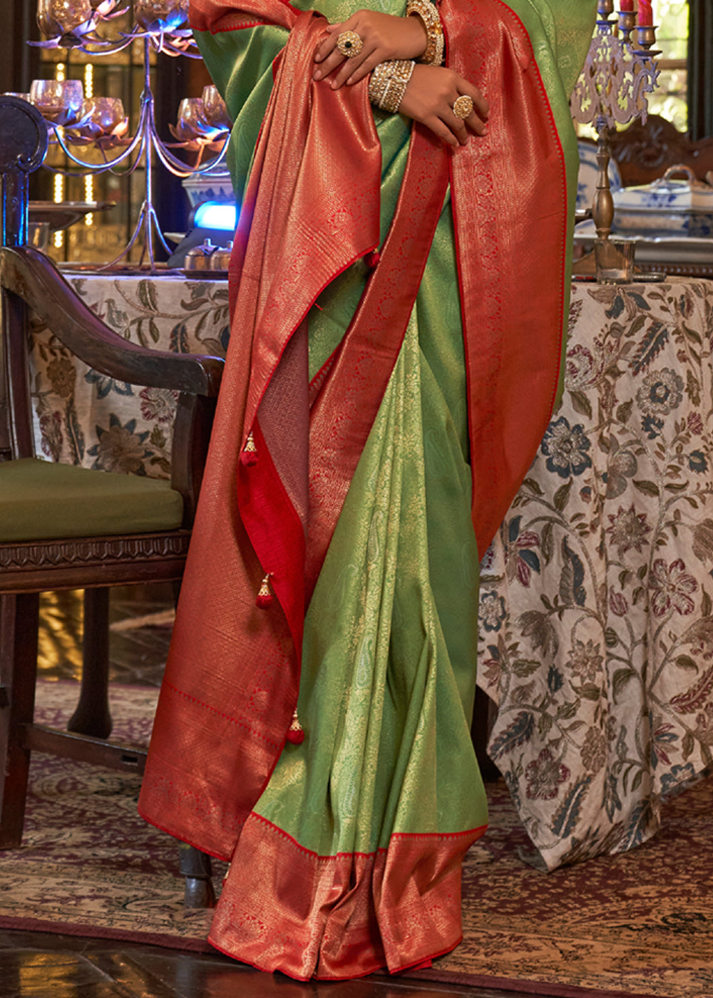 Asparagus Green and Red Woven Kanjivaram Saree