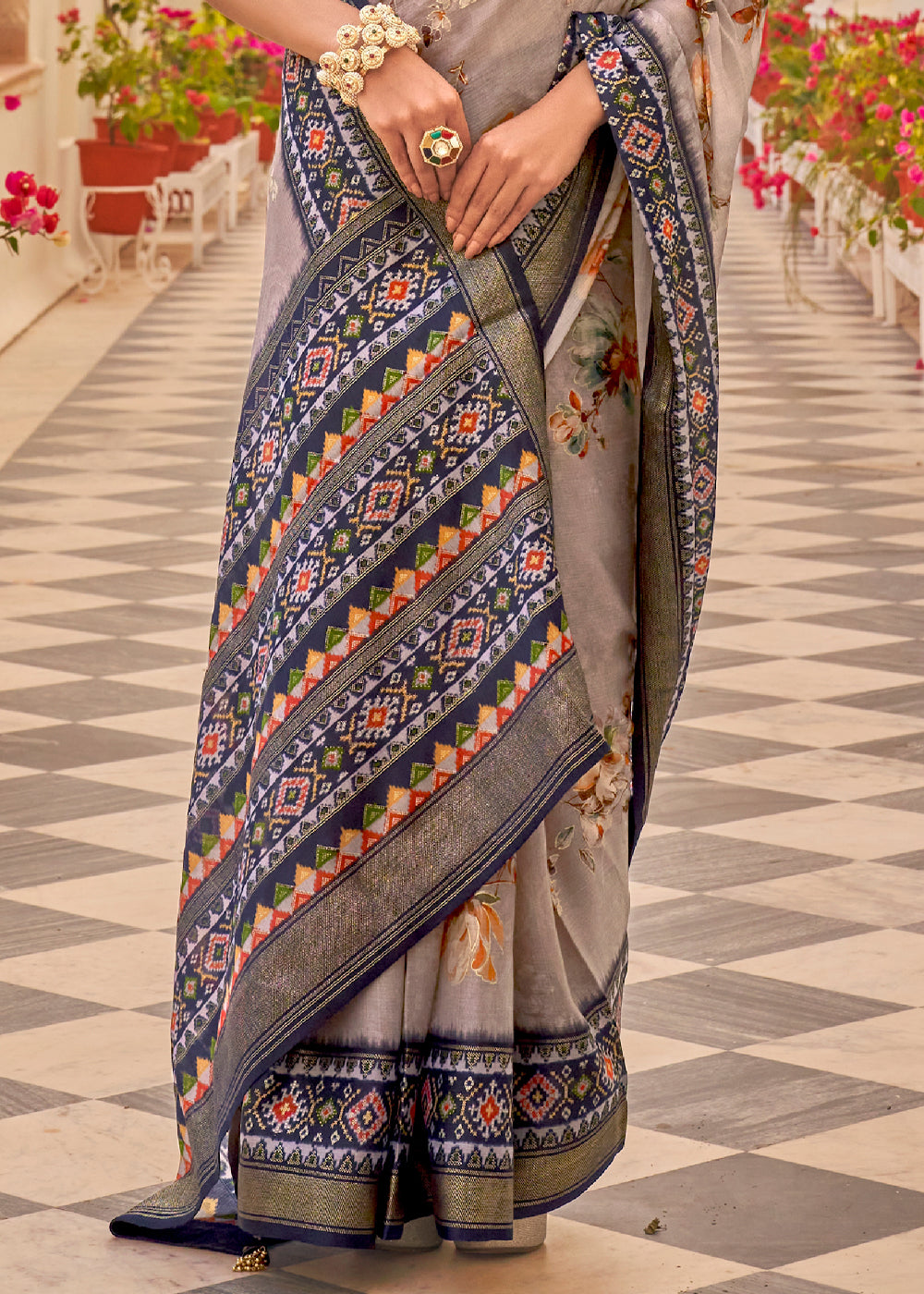 Beaver Grey Printed Chiffon Patola Silk Saree