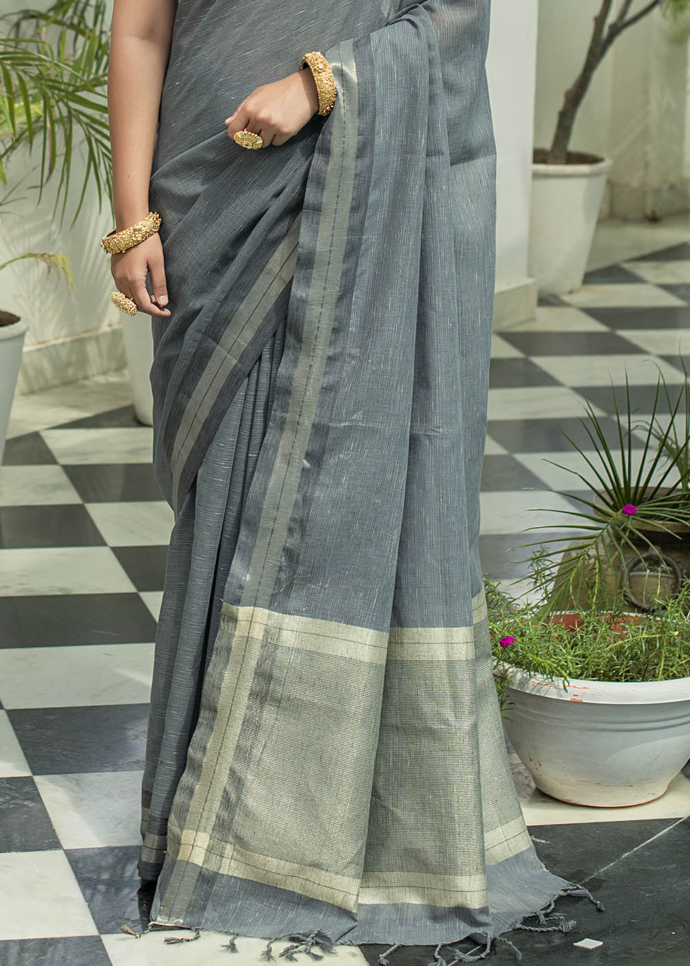 Sirocco Grey Zari Woven Linen Saree