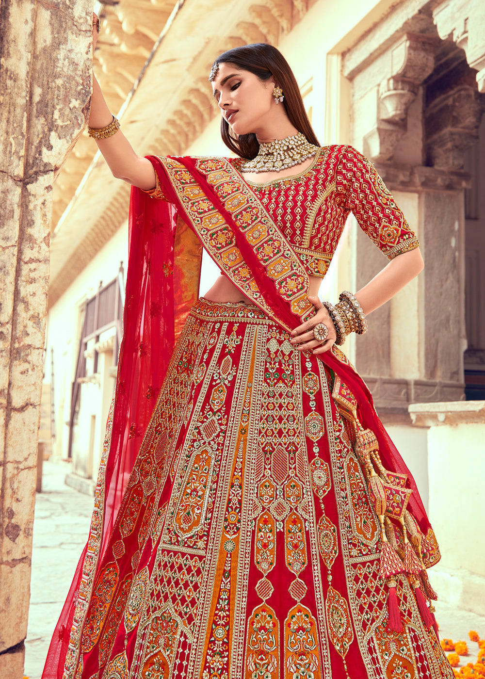 Roof Red and Orange Heavy Embroidered Designer Lehenga