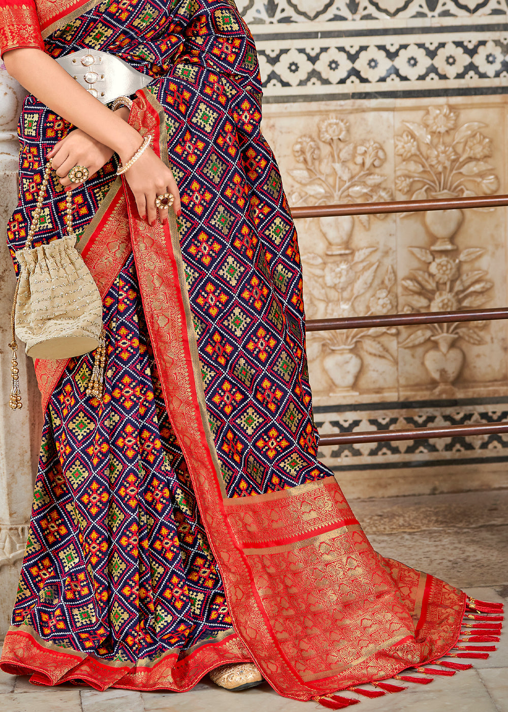 Ship Blue and Red Zari Woven Patola Saree