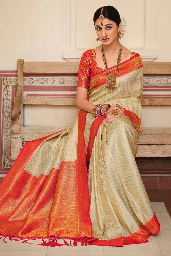 Sorrell Cream and Dark Pink Zari Woven Kanjivaram Saree