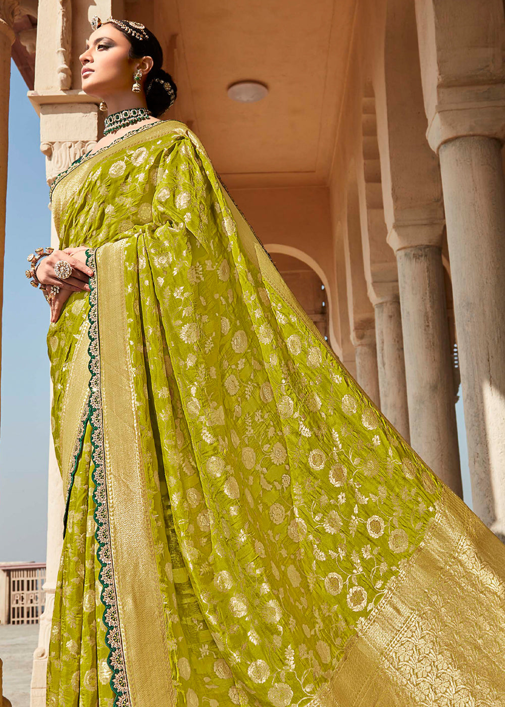 Reef Gold Green Zari Woven Designer Banarasi Saree