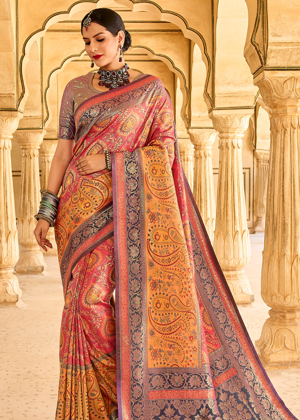 Sandy Yellow and Pink Designer Banarasi Saree