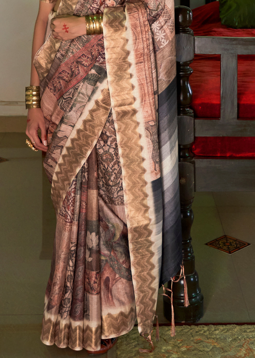 Copper Rust Multicolored Digital Printed Silk Saree