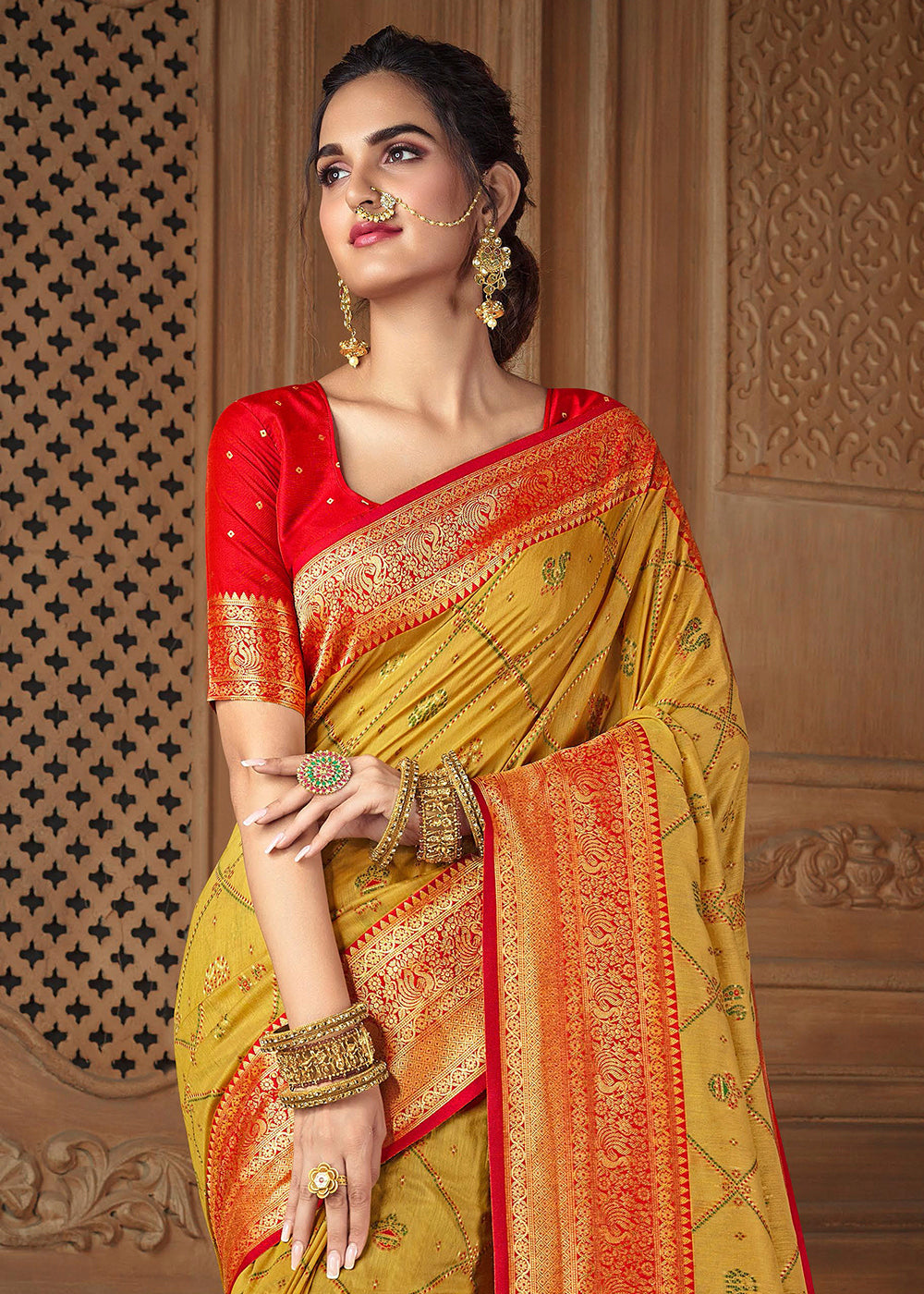 Saffron Yellow and Red Zari Woven Banarasi Saree