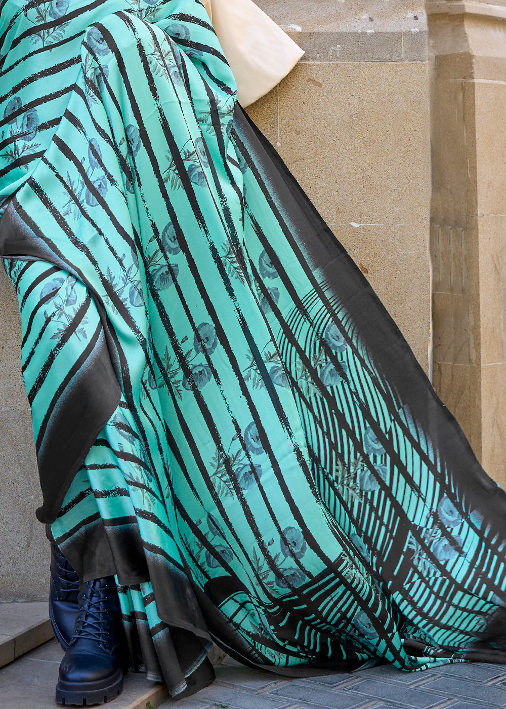 Water Leaf Blue Printed Satin Crepe Sarees