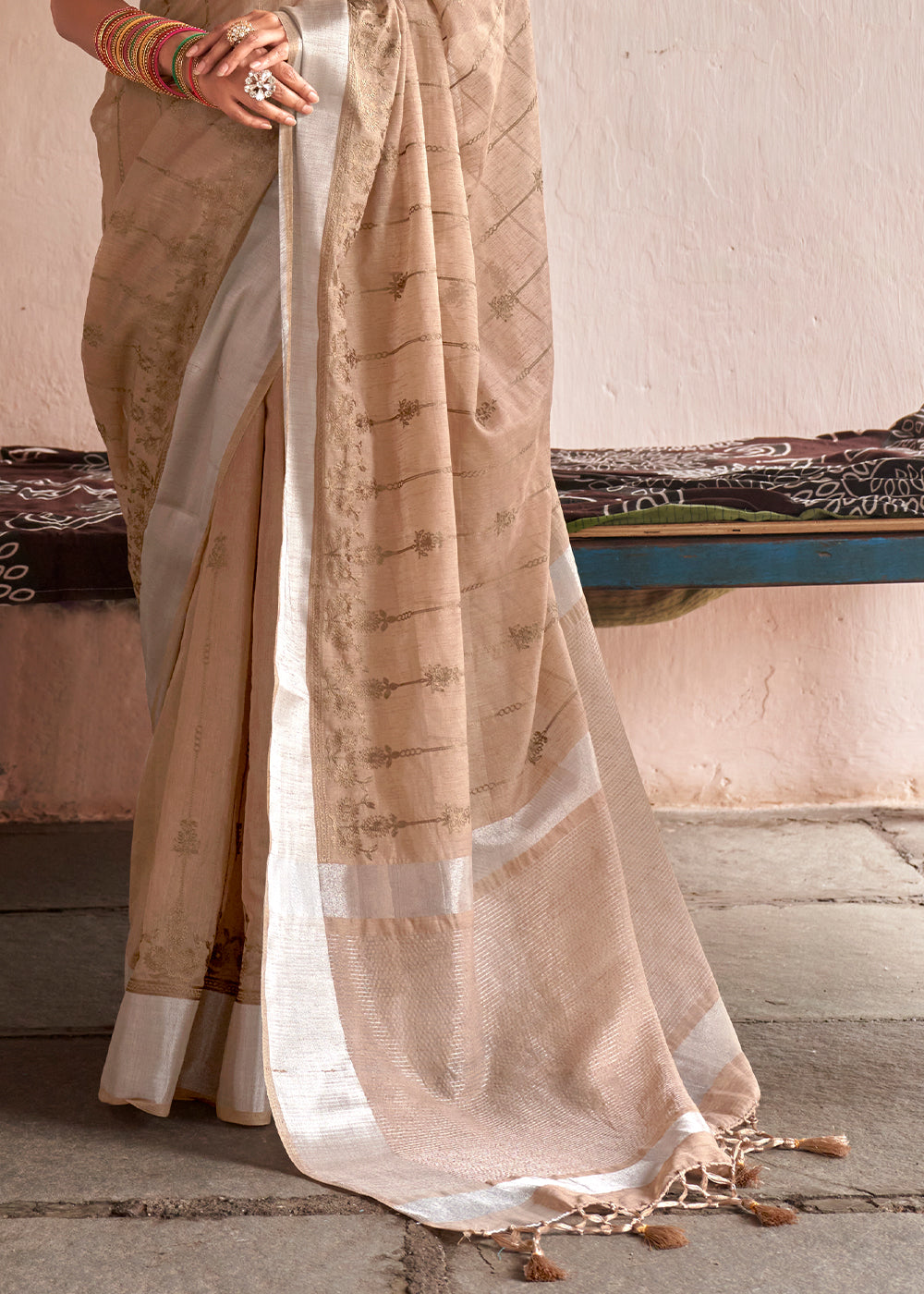 Tan Brown Floral Embroidered Linen Saree