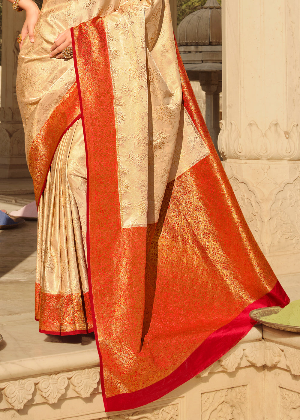 Harvest Beige and Red Zari Woven Kanjivaram Saree