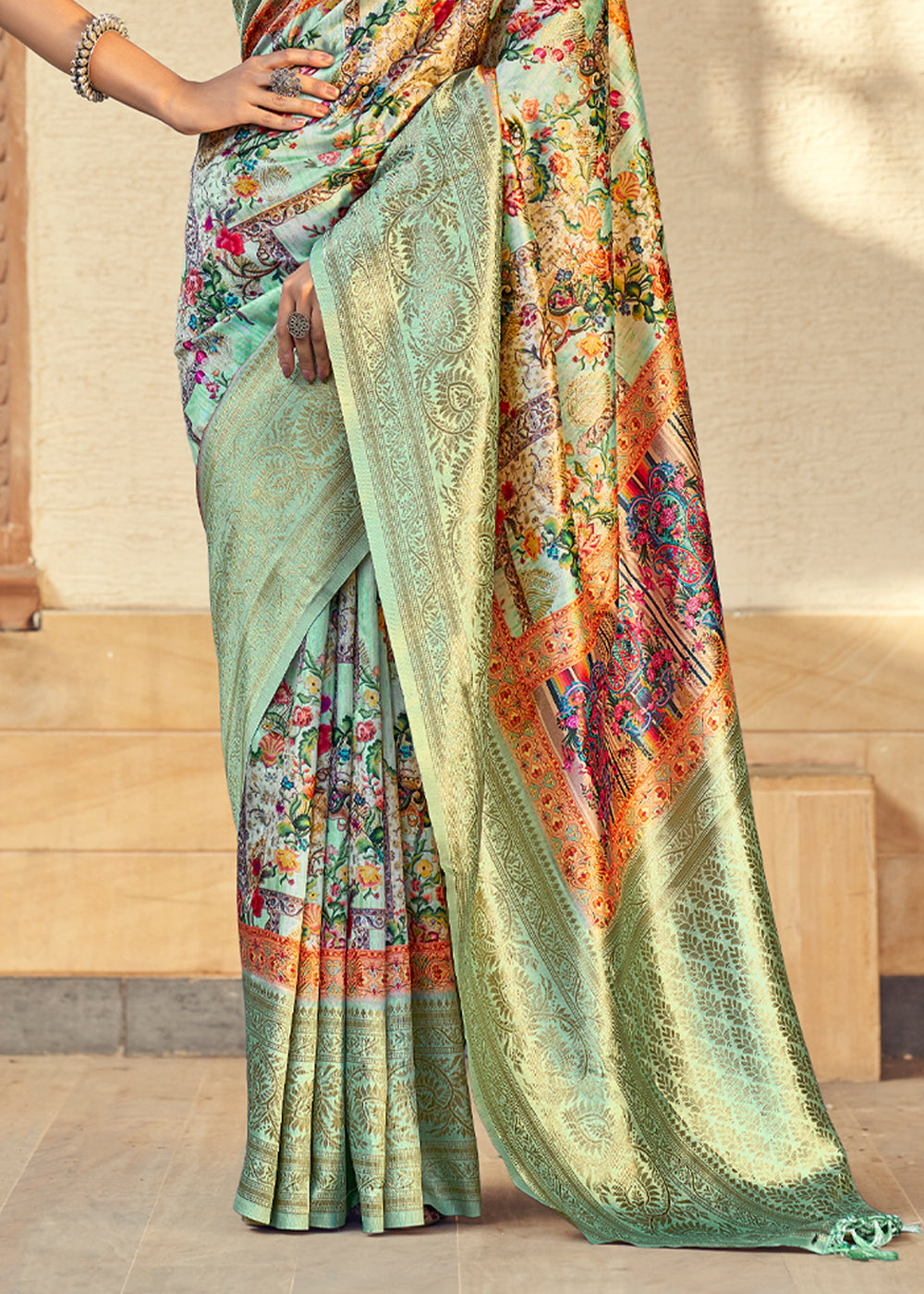 Green Mist Digital Printed Jacquard Silk Saree