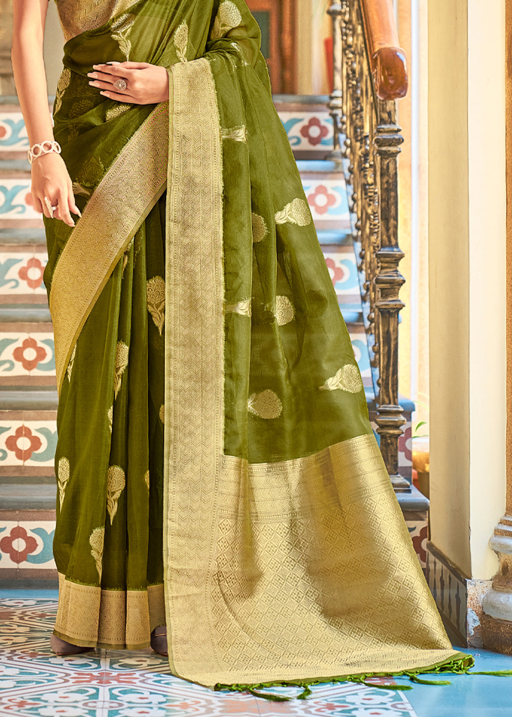 Mustard Green Zari Woven Banarasi Organza Saree