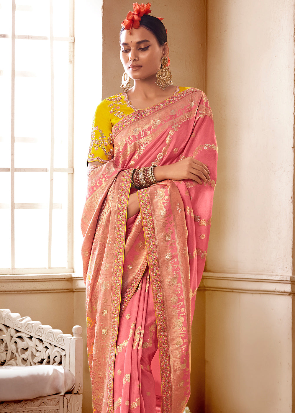 Copperfield Peach and Yellow Banarasi Saree with Designer Blouse