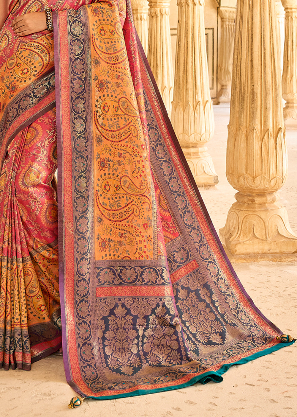 Sandy Yellow and Pink Designer Banarasi Saree