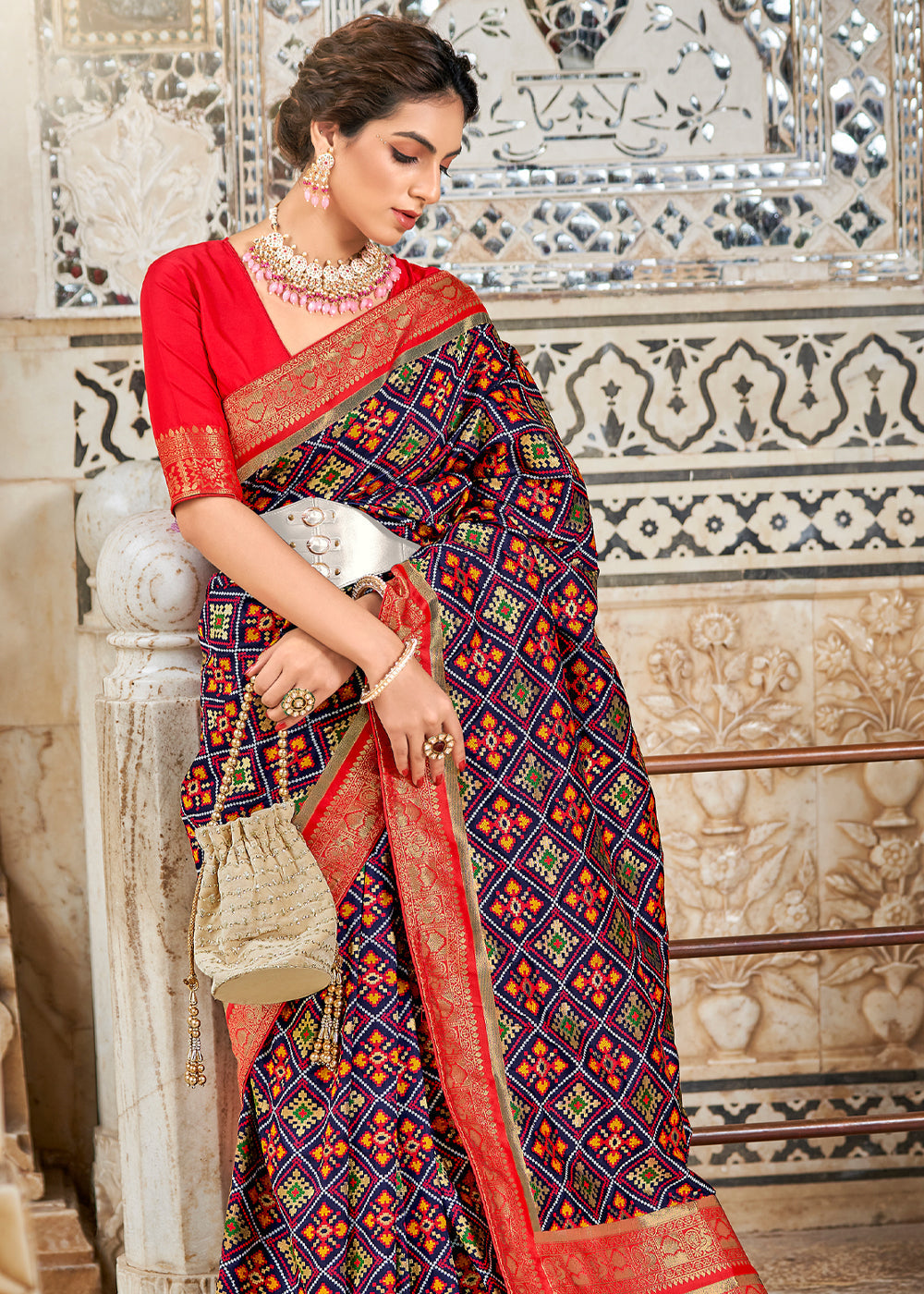 Ship Blue and Red Zari Woven Patola Saree