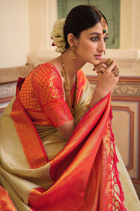 Sorrell Cream and Dark Pink Zari Woven Kanjivaram Saree