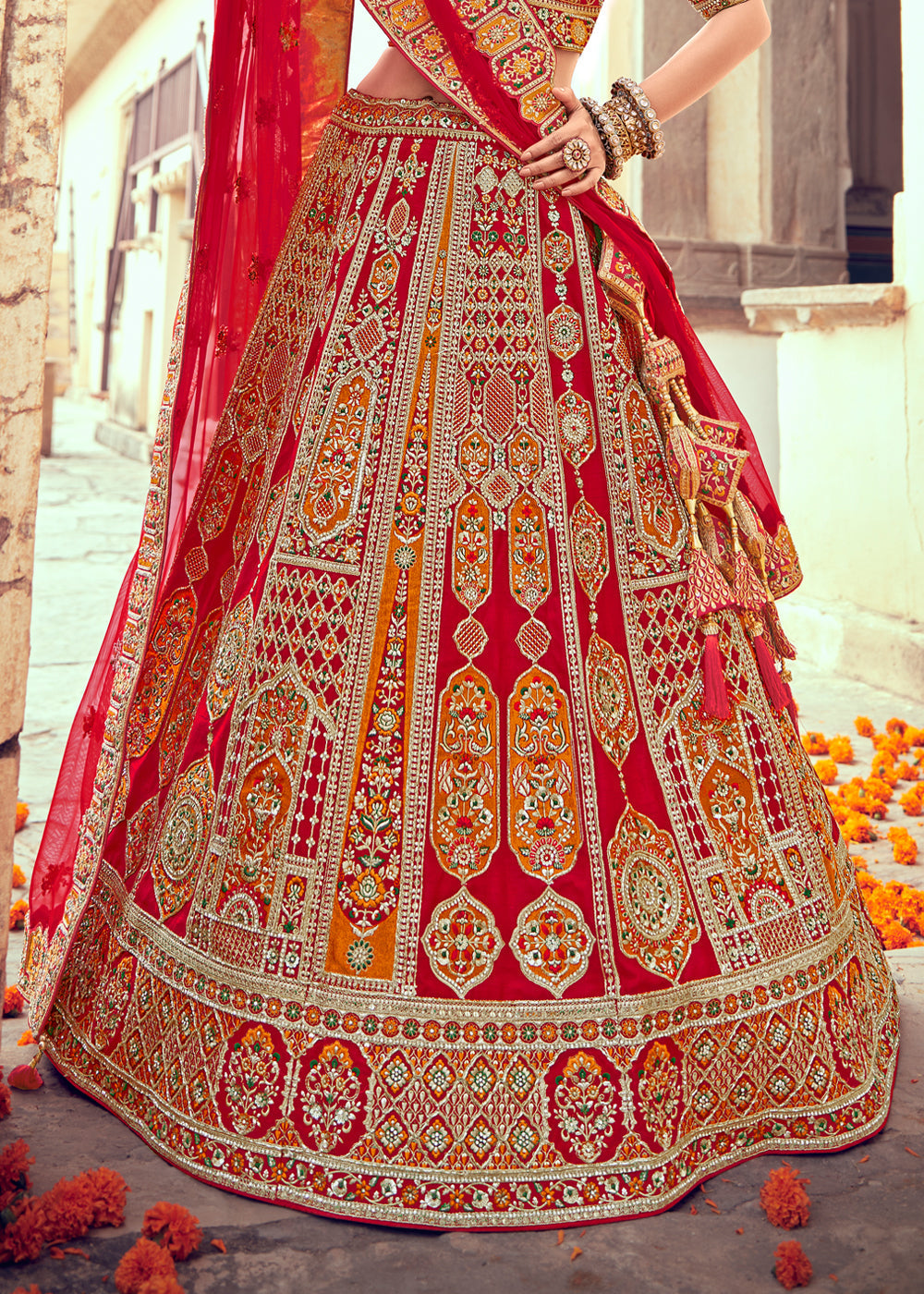 Roof Red and Orange Heavy Embroidered Designer Lehenga