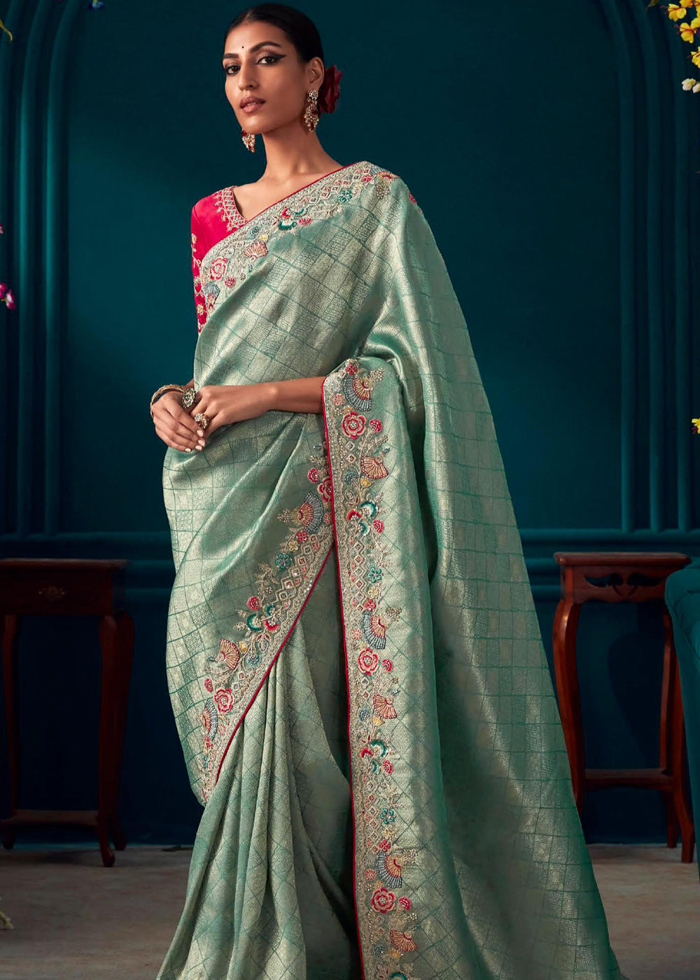 Gum Leaf Blue Woven Embroidered Banarasi Silk Saree