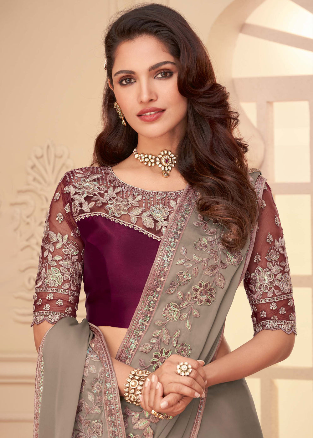 Quicksand Grey Georgette Designer Saree with Embroidered Blouse