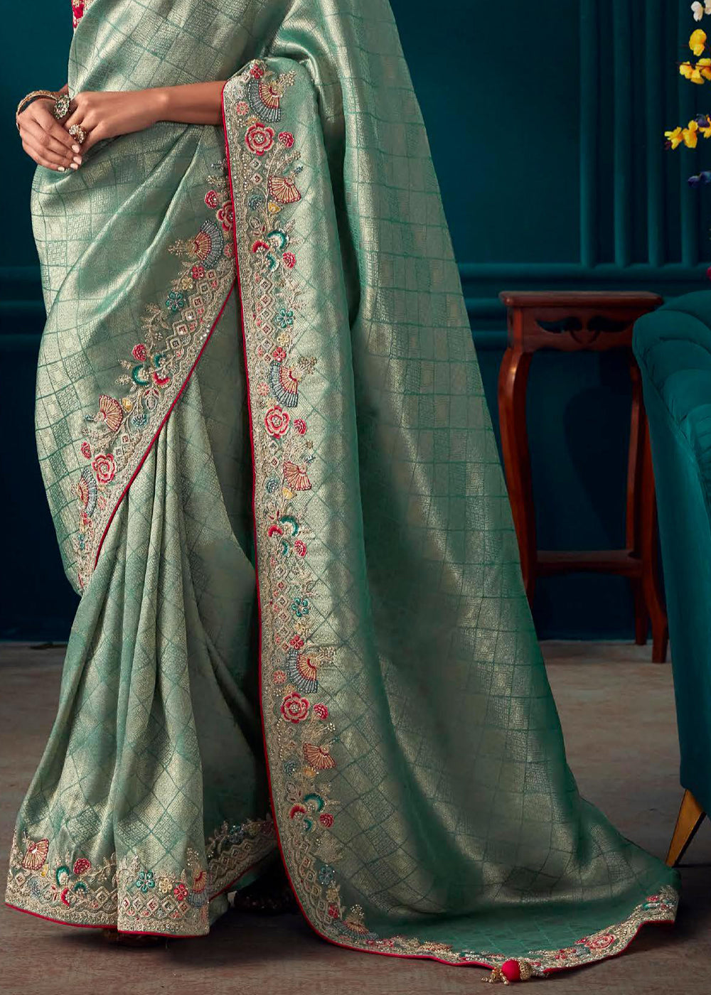 Gum Leaf Blue Woven Embroidered Banarasi Silk Saree