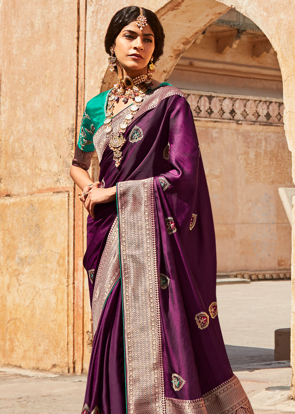 Livid Purple and Green Zari Woven Designer Banarasi Saree