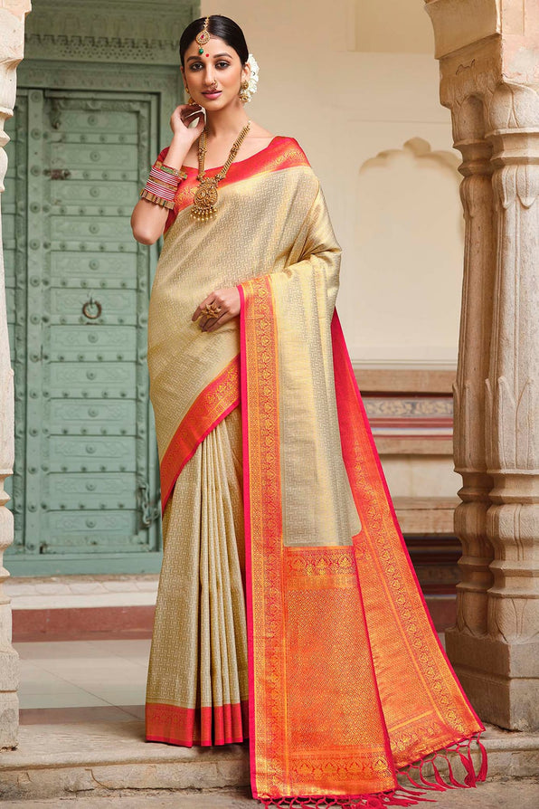 Sorrell Cream and Dark Pink Zari Woven Kanjivaram Saree