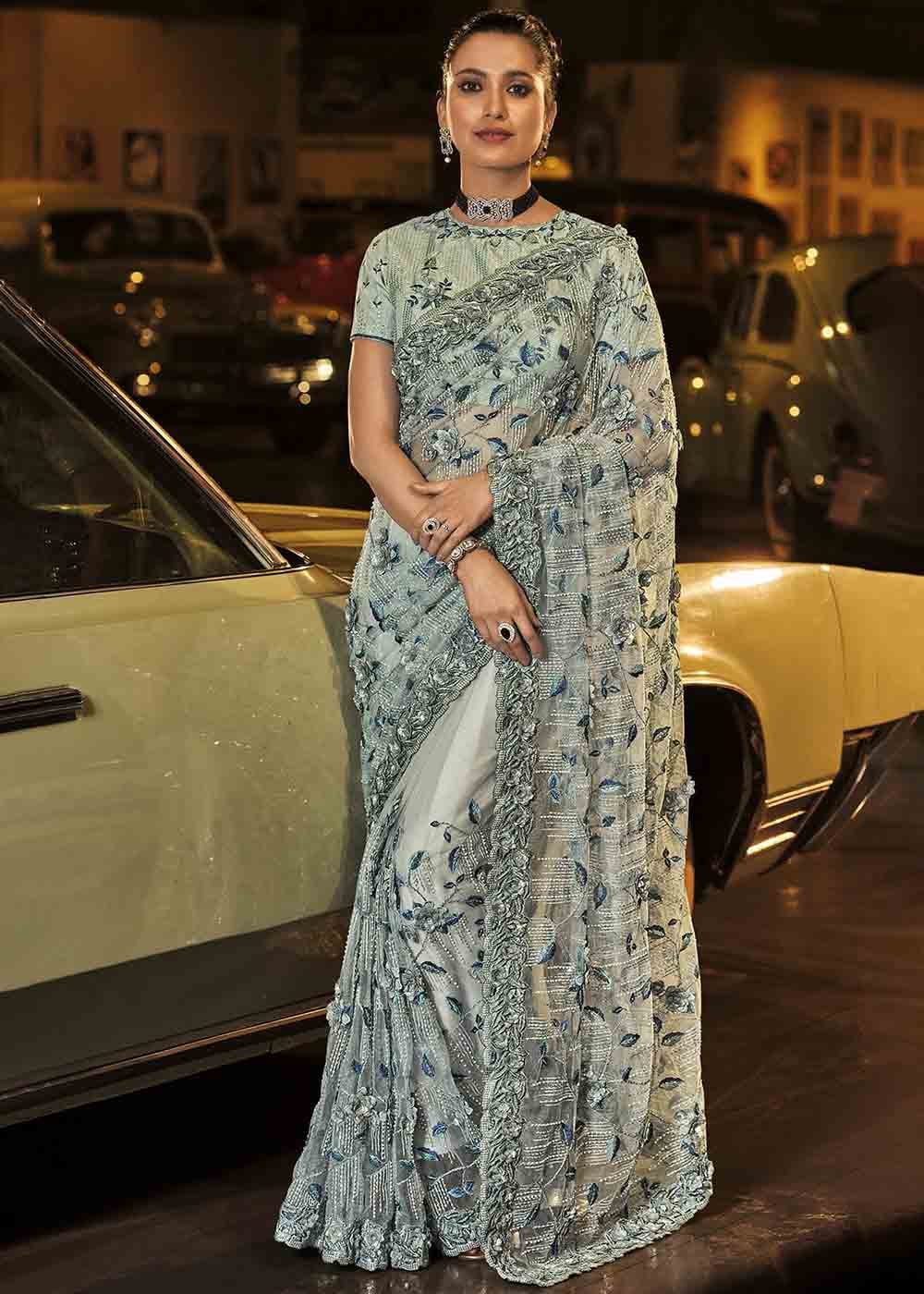 Kangaroo Grey Heavy Work Designer Net Saree