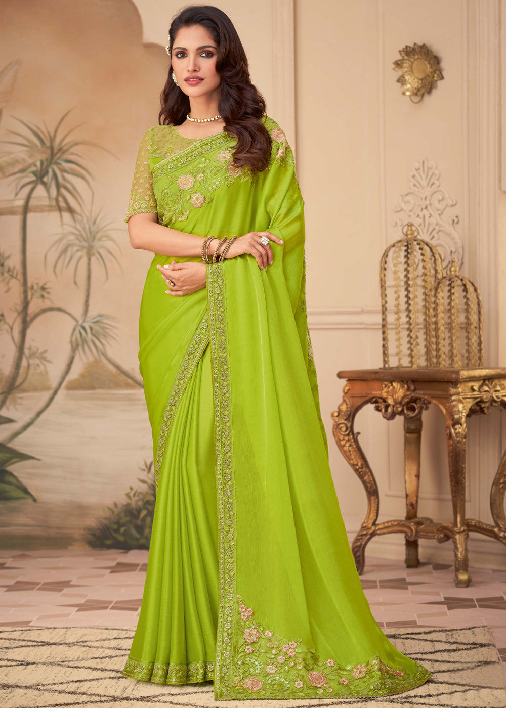 Pistachio Green Georgette Designer Saree with Embroidered Blouse