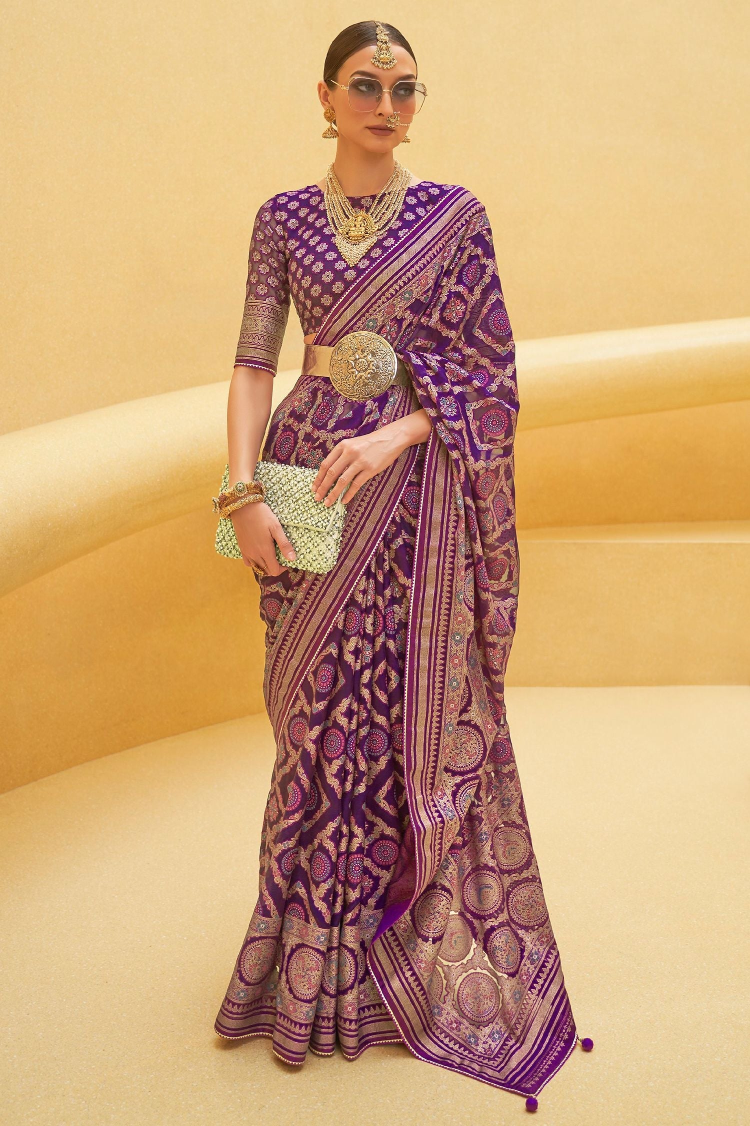 Cyber Purple Zari Woven Brasso Organza Saree