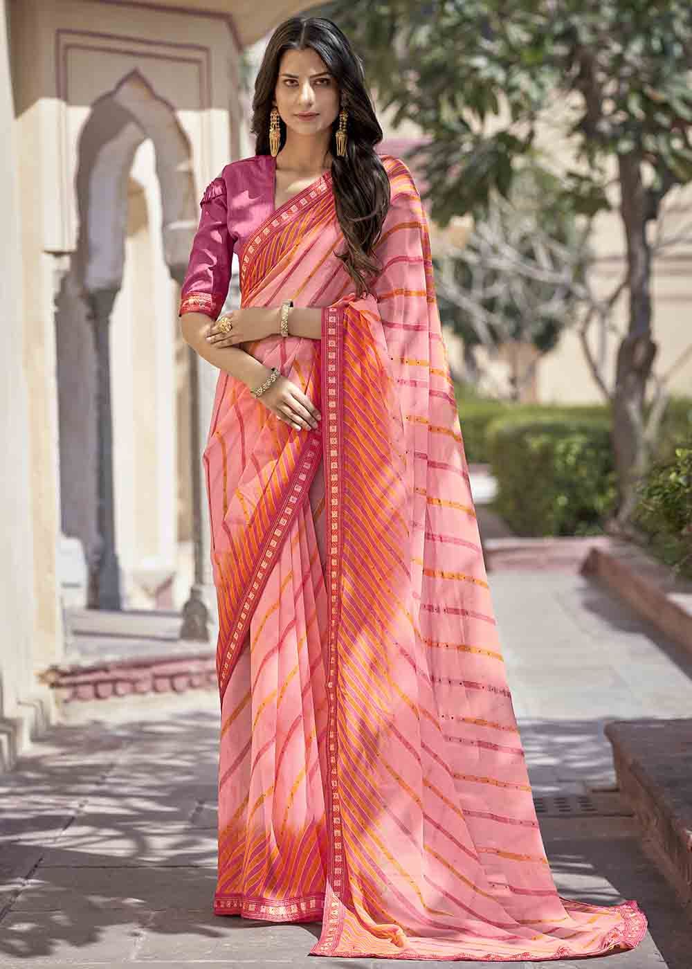 Deep Blush Pink Printed Georgette Saree