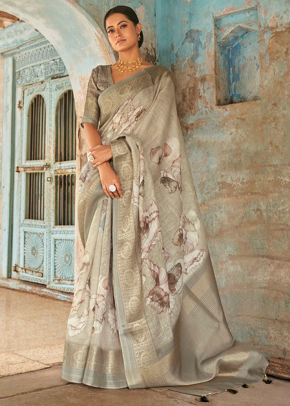 Mongoose Light Grey Floral Printed Linen Silk Saree