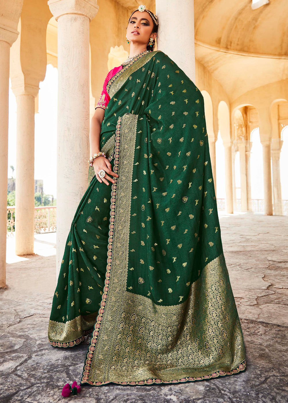 Finlandia Green and Pink Zari Woven Designer Banarasi Saree