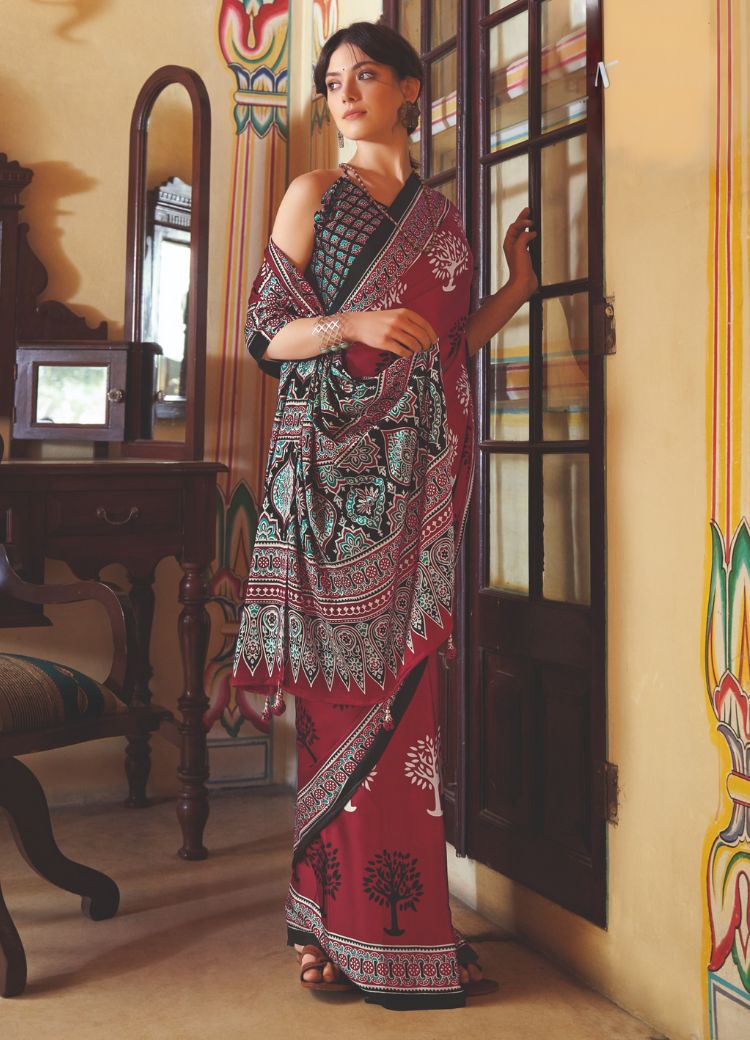 Solid Maroon Ajrakh Printed Satin Crepe Saree