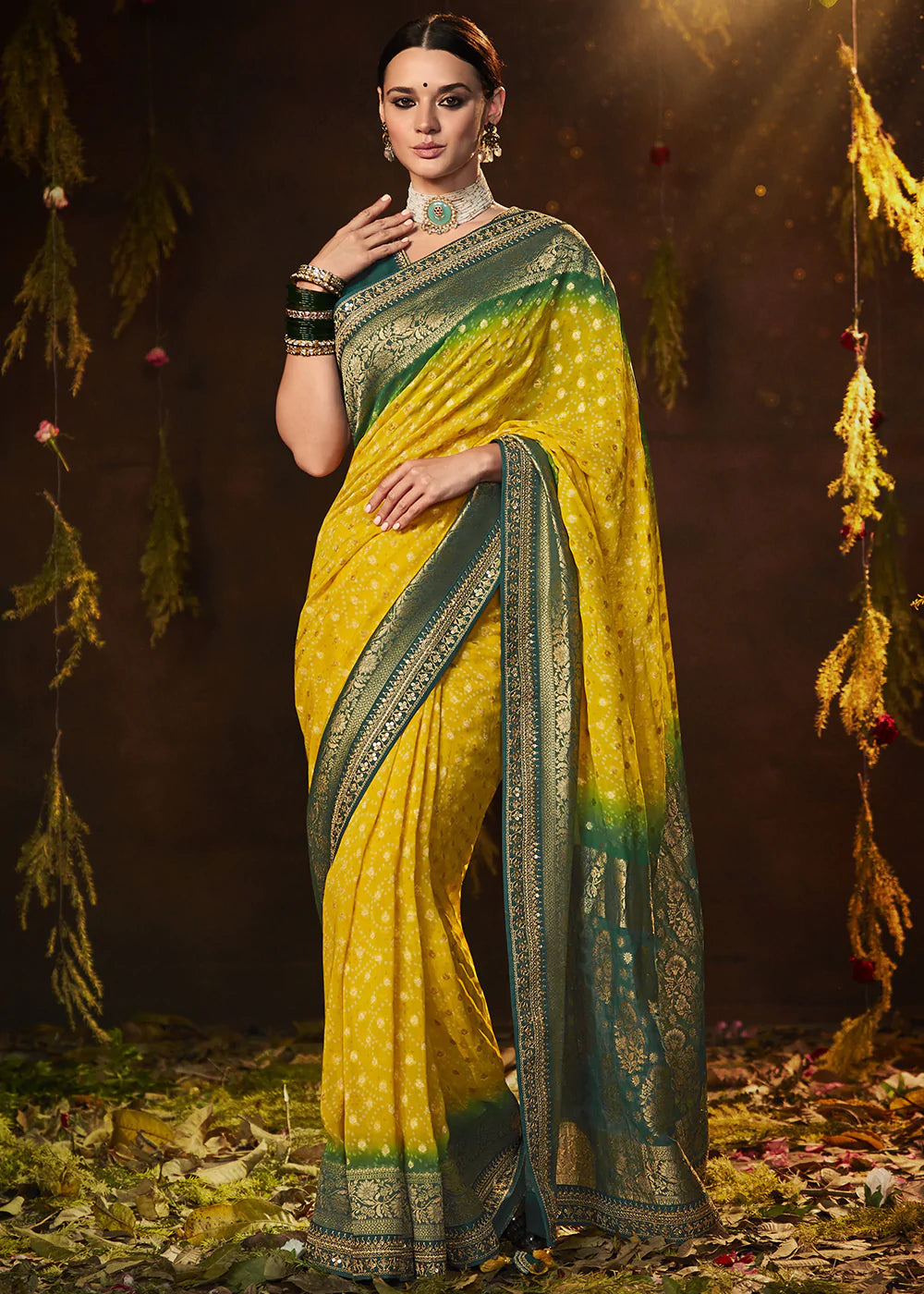 Yellow and Green Handloom Georgette Saree with Embroidered Blouse