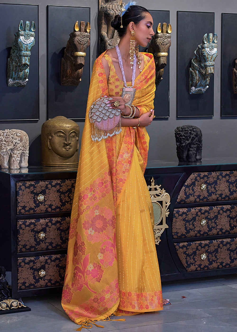 Goldenrod Yellow Woven Dual Tone Organza Banarasi Silk Saree