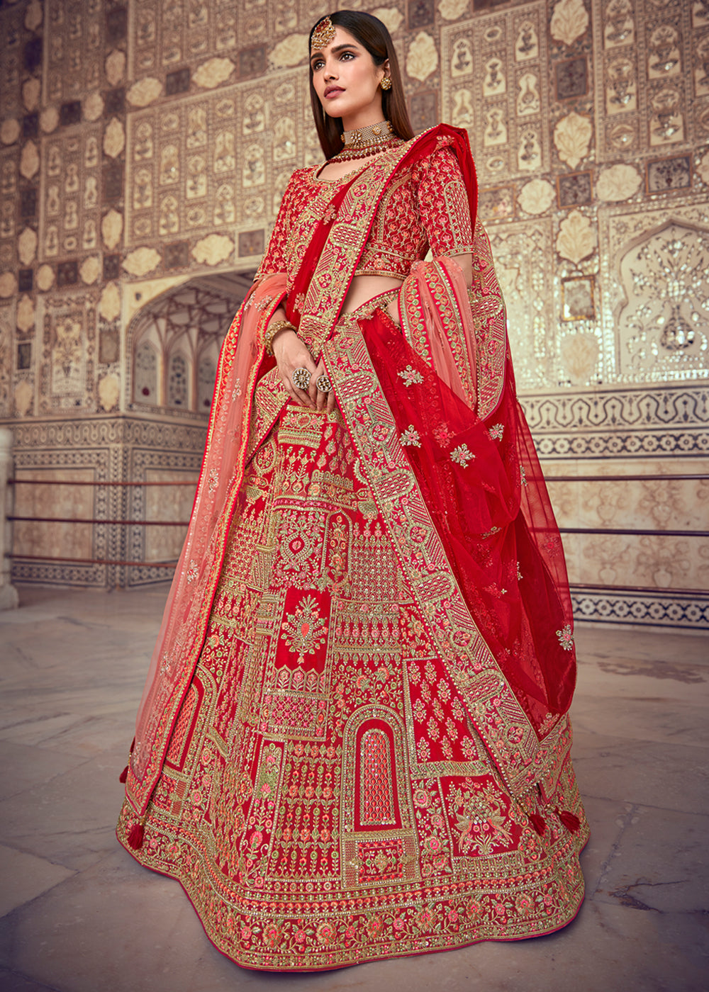 Thunderbird Red Heavy Embroidered Designer Lehenga