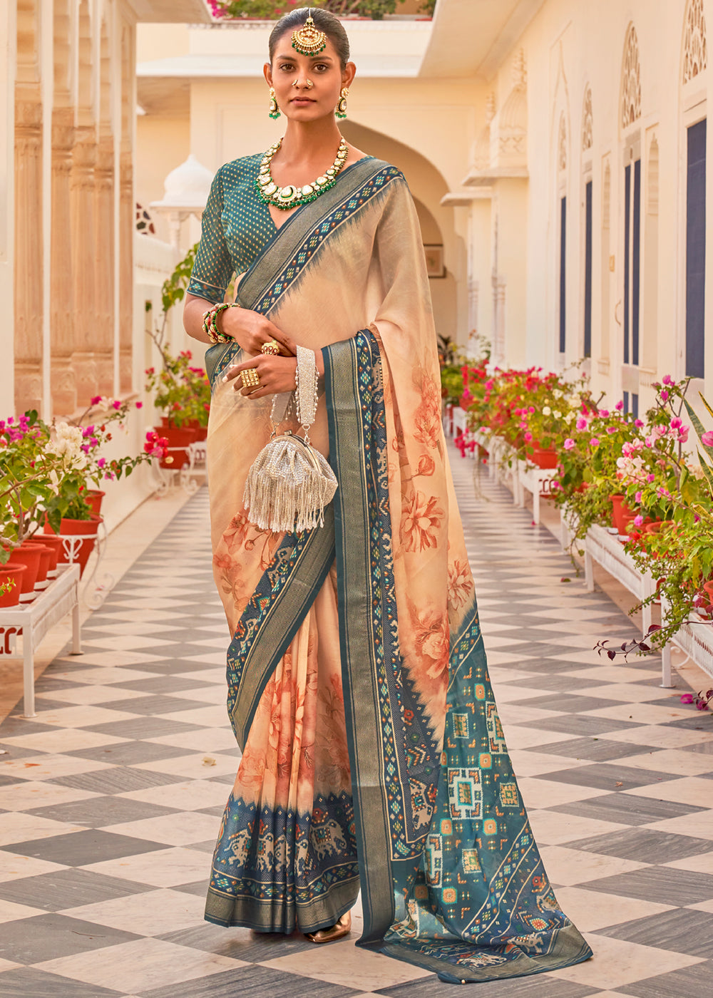 Tumbleweed Peach Printed Chiffon Patola Silk Saree