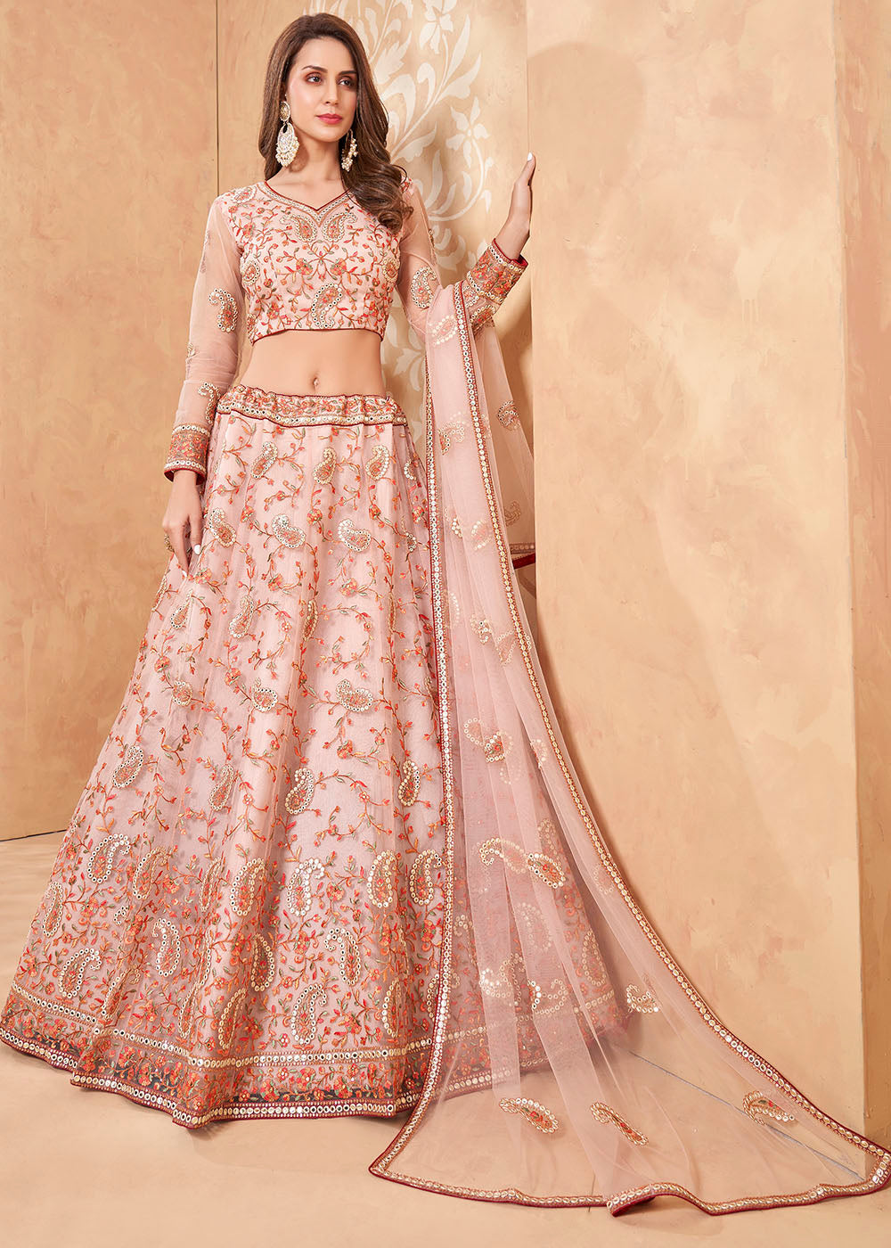 Cavern Pink Designer Net Lehenga with Multi Thread Embroidery Work