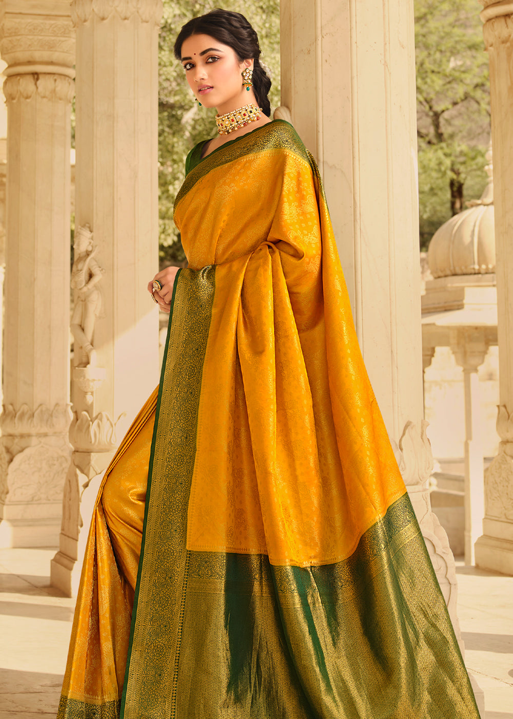 Sea Yellow and Green Zari Woven Kanjivaram Saree