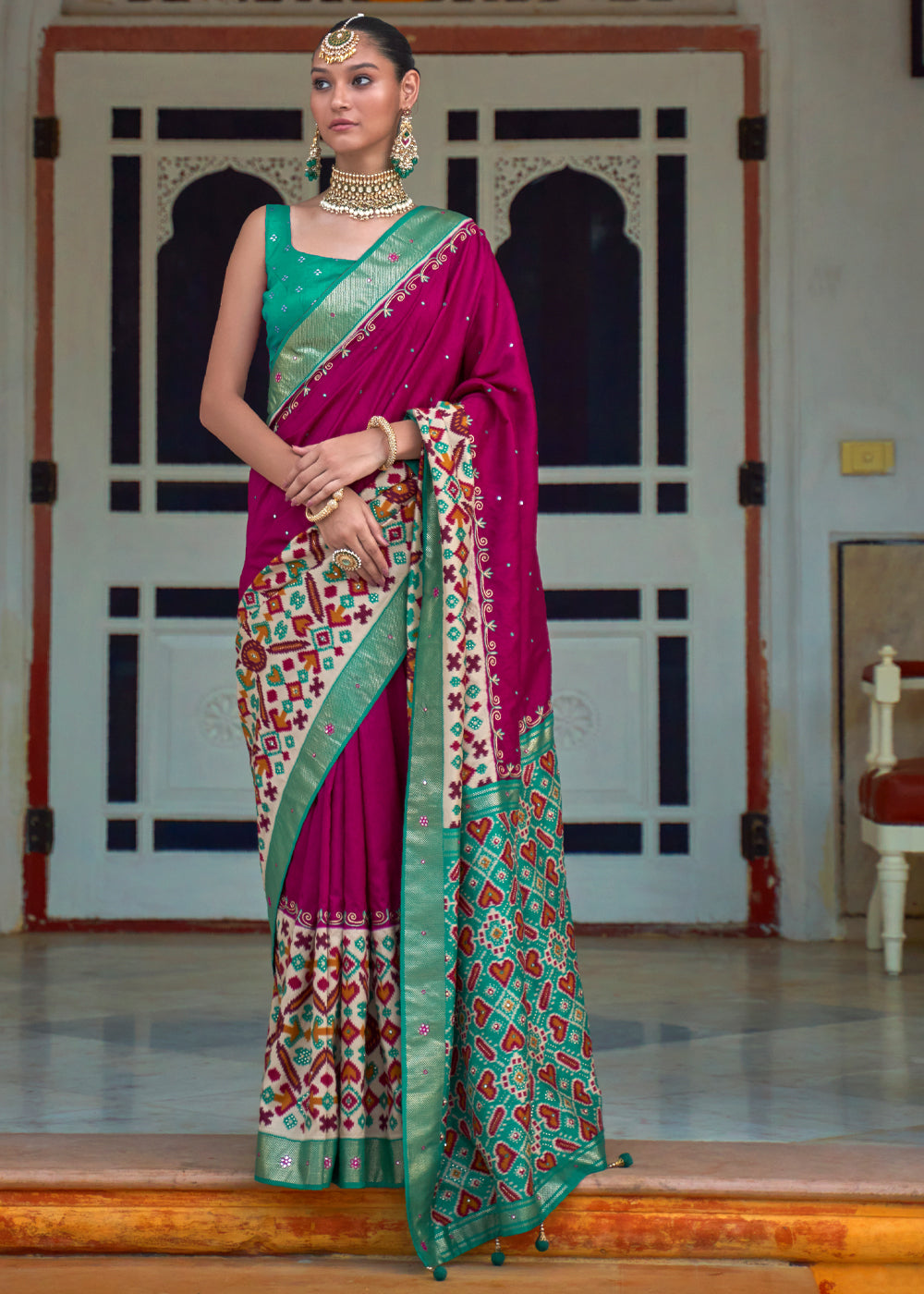 Camelot Dark Pink and Green Woven Patola Silk Saree