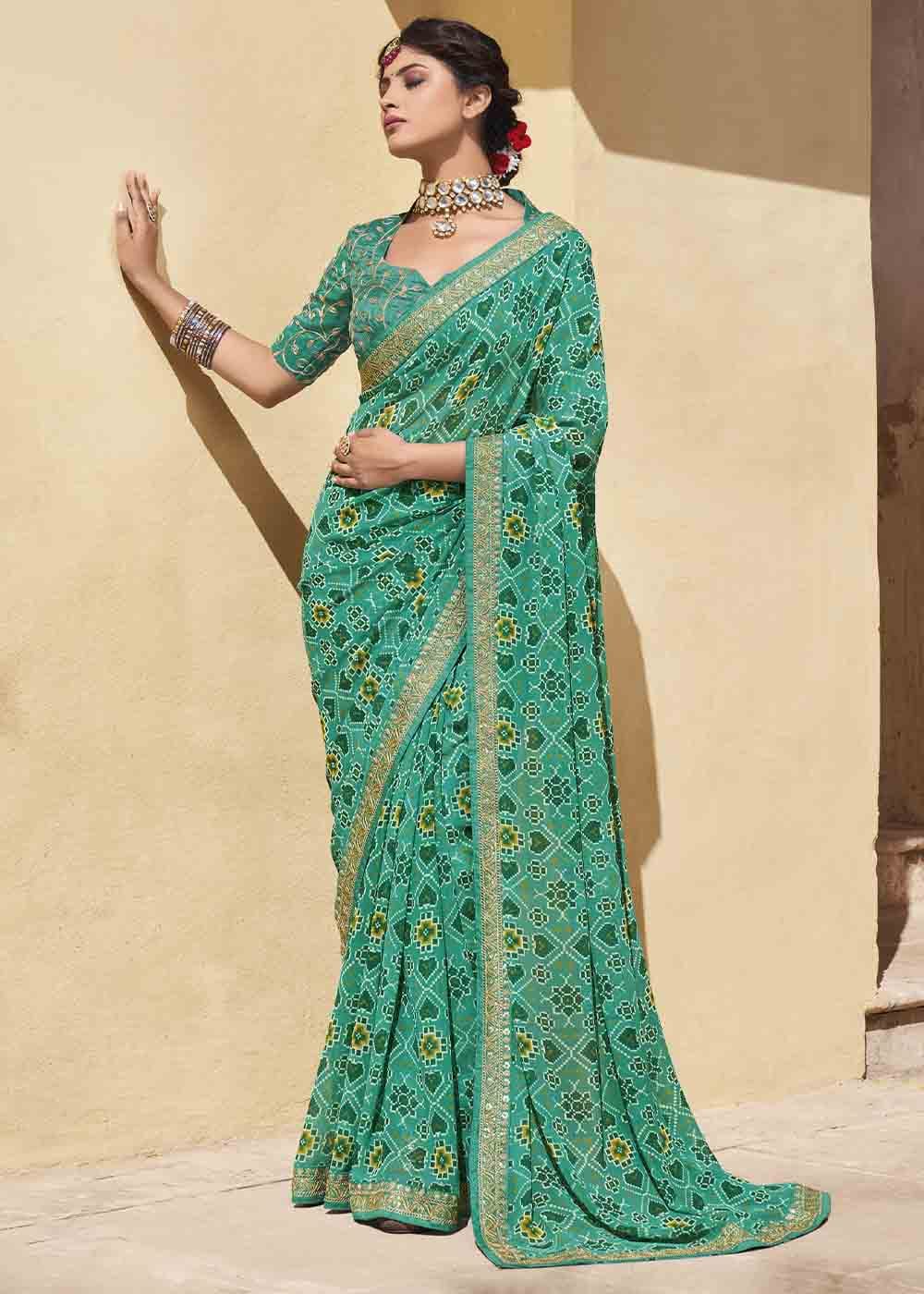 Jet Stream Green Patola Print Georgette Saree With Embroidered Blouse