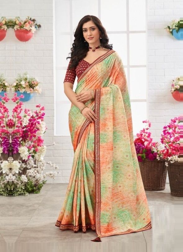 Apricot Multicolor Chinon Printed Saree