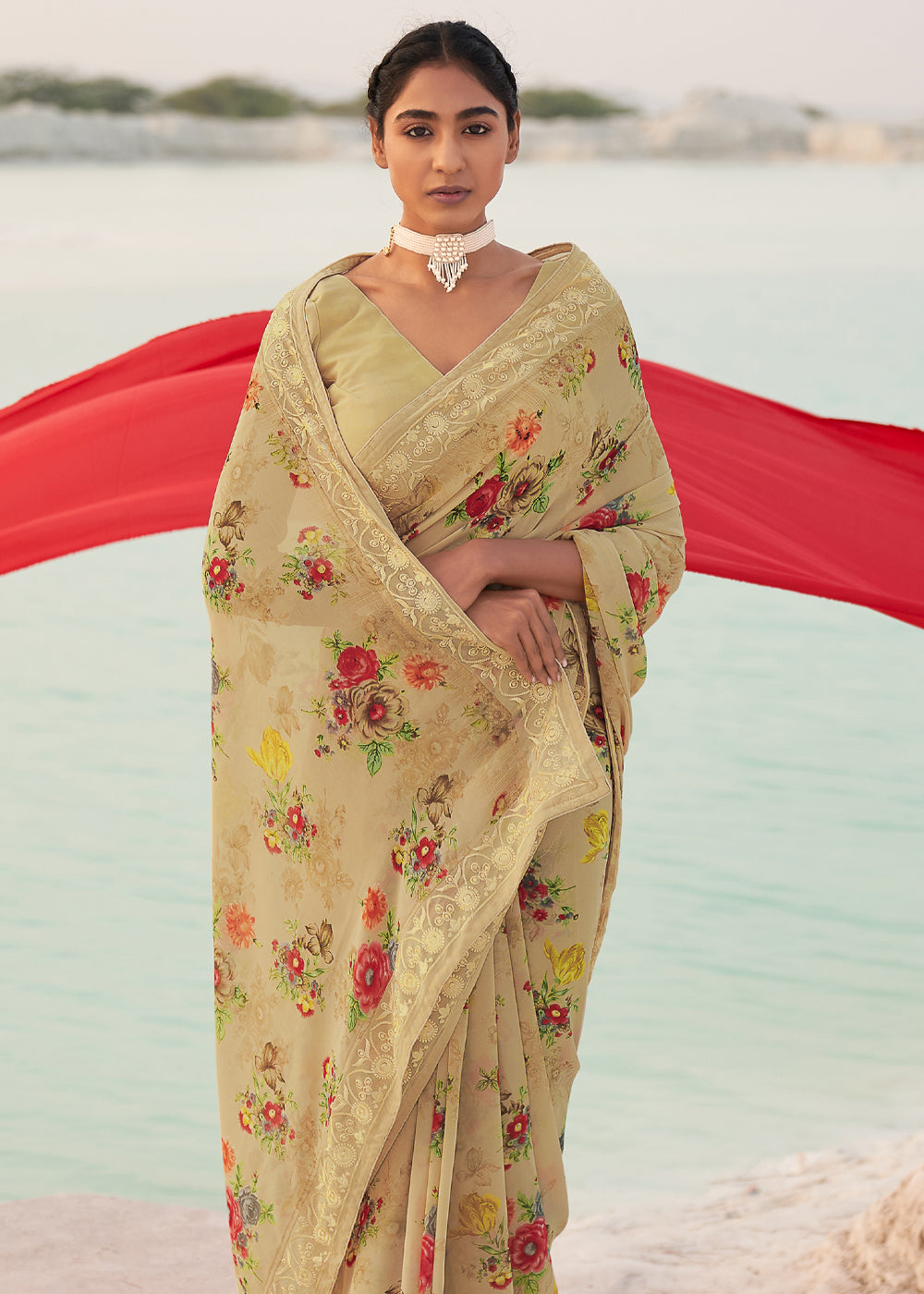 Calico Brown Digital Printed Chiffon Saree