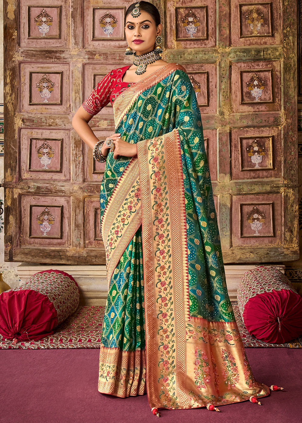 Stromboli Green and Red Patola Printed Dola Silk Saree With Embroidered Blouse