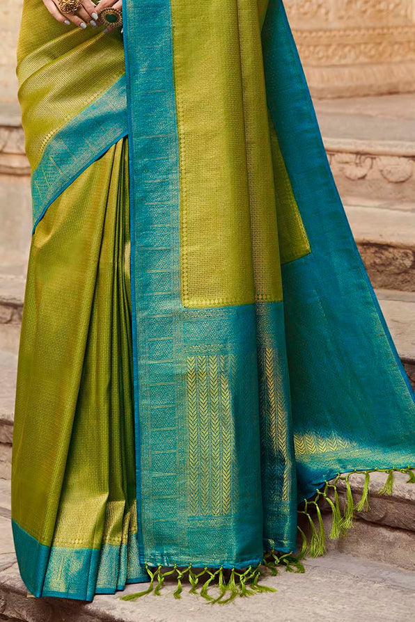 Lemon Ginger Green and Blue Zari Woven Kanjivaram Saree