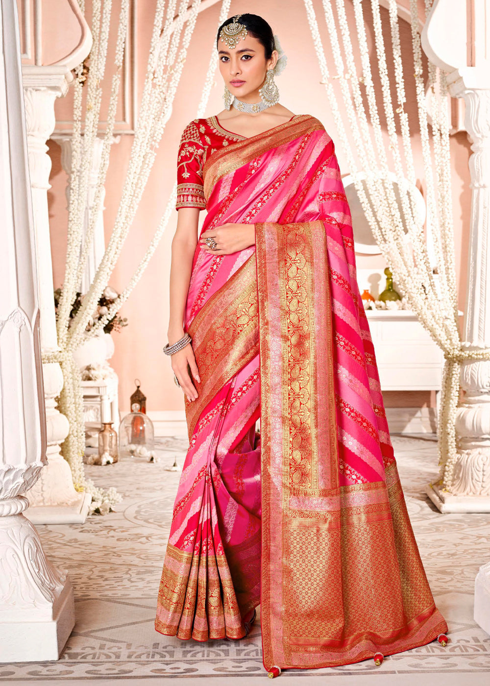 Carnation Pink and Red Zari Woven Banarasi Saree with Designer Blouse